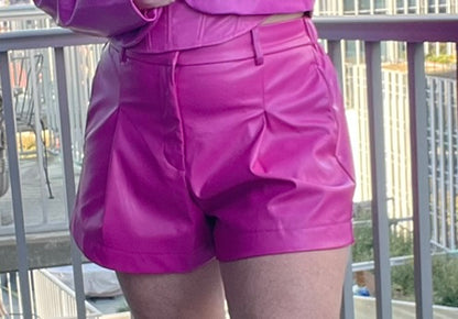 Pink or Black Faux Leather High Waist Pleated Shorts