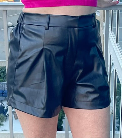 Pink or Black Faux Leather High Waist Pleated Shorts