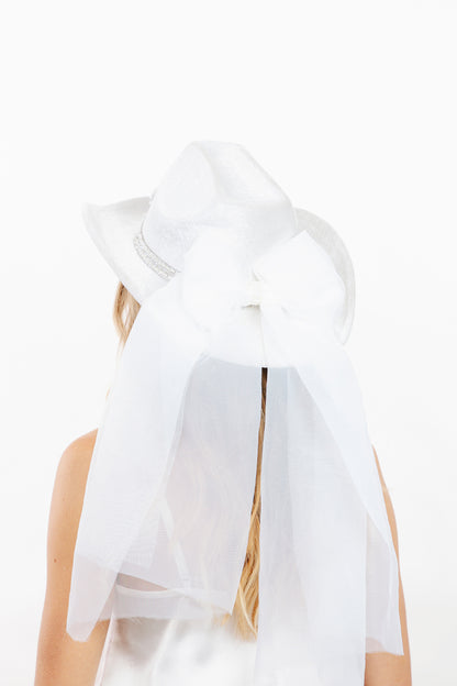 White Cowgirl Hat with Bride spelled in Pearls and Veil